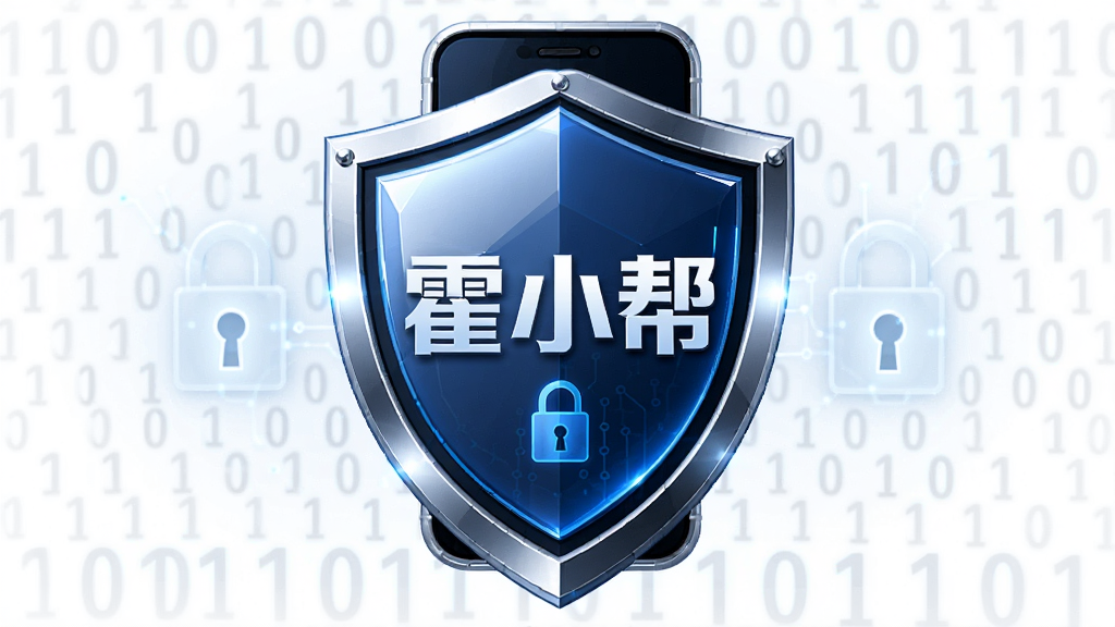 主体为盾牌与手机结合的抽象图形,盾牌中央有“霍小帮”文字,布局为居中对称,风格为安全科技风,细节包括盾牌表面的光泽、背景的二进制代码纹理、锁形图标,画质清晰,干净,无多余元素