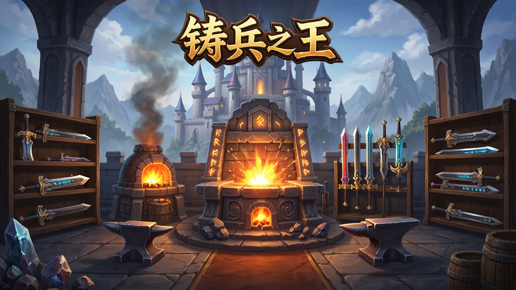 铸兵之王游戏主界面全景展示,画面中央是一座宏伟的锻造台,周围环绕着熔炉、铁砧与陈列架,架上摆放着各种发光的神兵利器,背景是玄幻风格的城堡与远山,主体突出锻造台与兵器,布局采用中心对称构图,排版上方为游戏Logo“铸兵之王”,风格为东方玄幻写实风,细节包括飞溅的火星、矿石纹理、兵器上的符文光泽,画质为4K高清,画面干净无多余元素