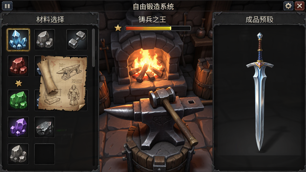 铸兵之王自由锻造系统界面截图风格生图,画面展示一个详细的锻造操作台,左侧为材料选择区摆放着各种矿石与图纸,中央为铁砧与锤子,右侧为成品预览区显示一把正在成型的长剑,主体为锻造操作界面,布局采用三栏式排版,风格为游戏UI界面写实风,细节包括材料图标、进度条、火炉光芒,画质为高清干净无多余元素