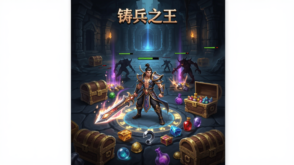 铸兵之王竖版传奇刷宝场景生图,画面为竖屏手机视角,主角手持发光神兵站在副本中央,周围散落着宝箱与掉落物品,背景为幽暗的地宫场景,主体为角色与掉落物,布局采用竖版居中构图,排版突出手机屏幕比例,风格为暗黑玄幻游戏风,细节包括技能特效、地面光柱、怪物残影,画质为高清干净无多余元素