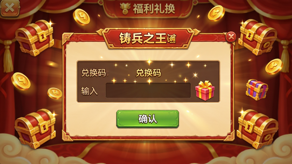 铸兵之王福利礼包兑换界面生图,画面展示一个游戏内的兑换码输入弹窗,背景为喜庆的红色与金色装饰,周围漂浮着宝箱与金币图标,主体为兑换输入框与确认按钮,布局采用居中弹窗排版,风格为游戏活动界面喜庆风,细节包括“兑换码”字样、闪烁的光效、礼包图标,画质为高清干净无多余元素
