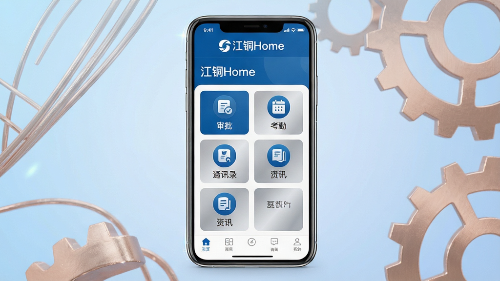 一张展示江铜Home移动端应用主界面的整体全貌图,画面中央是一台竖屏智能手机,手机屏幕上显示“江铜Home”应用的首页界面,界面包含顶部企业标识“江铜Home”、中部常用功能图标网格(如审批、考勤、通讯录、资讯)以及底部导航栏。布局为居中构图,手机两侧以柔和的浅蓝色渐变背景衬托,背景中隐约浮现铜金属质感的抽象线条与齿轮元素。风格为现代商务科技风,细节上手机边缘带有细腻的高光反射,界面图标清晰锐利,文字使用中文标注。画质要求高清、干净、无多余元素,整体色调以企业蓝与银灰为主,无杂乱装饰。