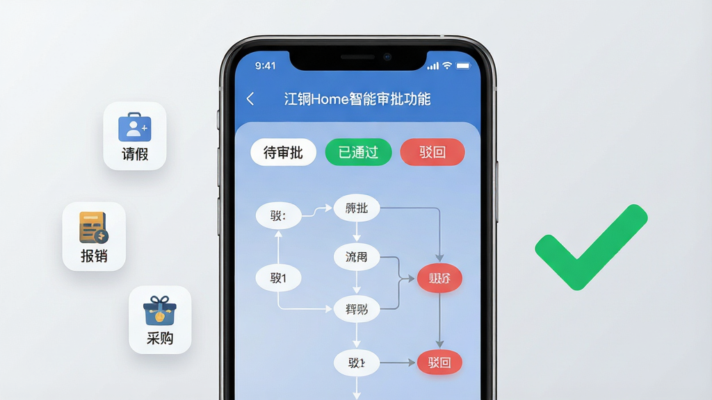 一张展示江铜Home智能审批功能的AI生图,画面主体是一部手机屏幕,屏幕上显示一个审批流程界面,包含“待审批”“已通过”“驳回”状态标签以及流程节点连线图。布局为手机居中,左侧漂浮着代表请假、报销、采购的小图标,右侧显示一个醒目的绿色通过勾选标记。风格为简洁商务扁平风,细节上界面排版清晰,按钮圆润,文字使用中文标注。画质高清、干净、无多余元素,背景为浅灰色渐变,突出审批高效流畅的视觉印象。