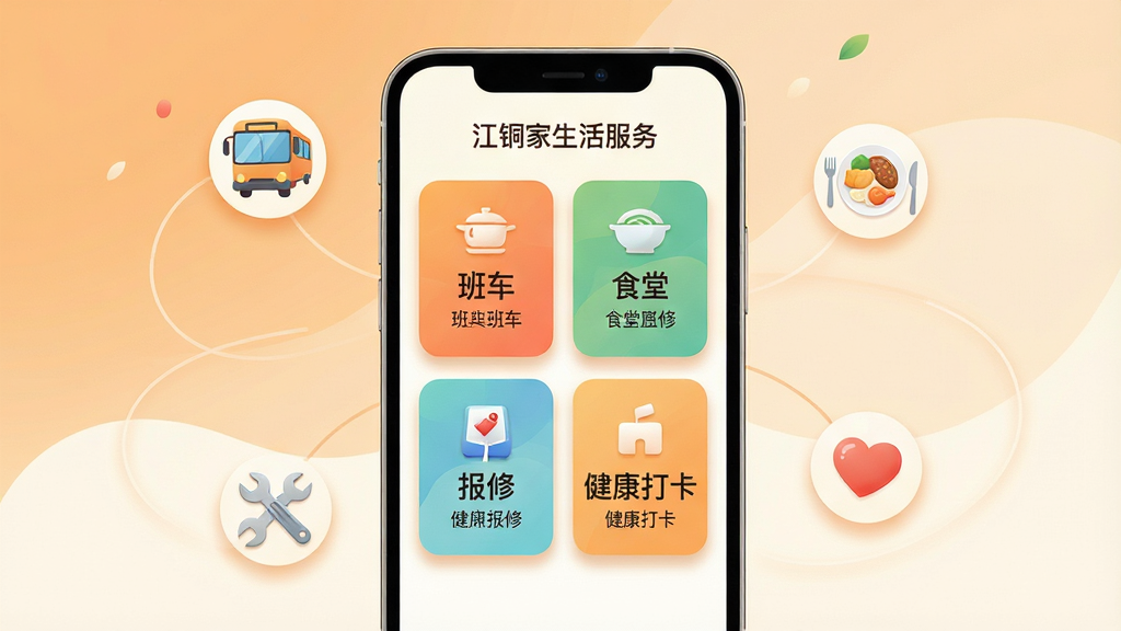 一张展示江铜Home生活服务功能的AI生图,画面以手机屏幕为中心,屏幕上显示班车、食堂、报修、健康打卡四个功能卡片,卡片采用圆角设计,配色清新。布局为手机居中,周围漂浮着代表班车、餐盘、扳手、爱心的小图标,以柔和的线条连接。风格为温暖生活化插画风,细节上卡片带有轻微阴影,文字使用中文标注。画质高清、干净、无多余元素,背景为浅橙色与米白色渐变,营造便捷温馨的服务氛围。