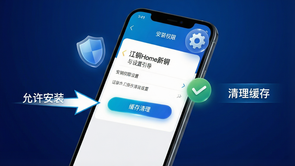 一张展示江铜Home新手安装与设置引导的AI生图,画面主体是一部手机屏幕,屏幕上显示安装权限设置界面与缓存清理按钮,旁边漂浮着盾牌、齿轮、对勾图标。布局为手机倾斜放置,左侧有箭头指向“允许安装”按钮,右侧显示“清理缓存”提示。风格为简洁科技风,细节上界面文字清晰,按钮带有微光效果,文字使用中文标注。画质高清、干净、无多余元素,背景为深蓝色渐变,突出安全与优化主题。