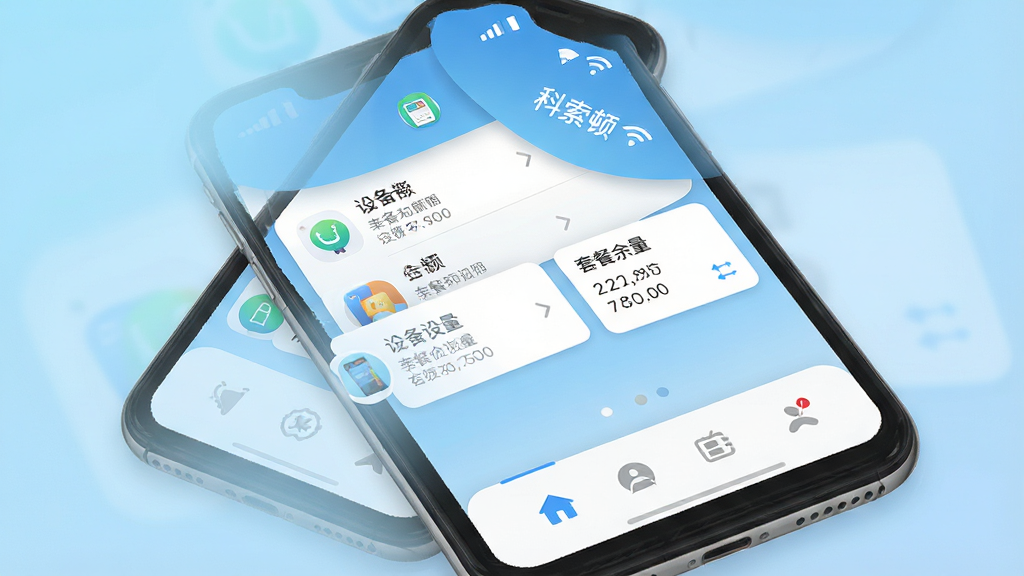 画一张手机屏幕特写,画面中央显示“科索顿”应用主界面,界面顶部有信号强度图标和WiFi连接状态,中部有设备列表和套餐余量卡片,底部有四个导航按钮,背景为浅蓝色渐变,风格为扁平化UI设计,细节清晰,画质高清,干净无多余元素