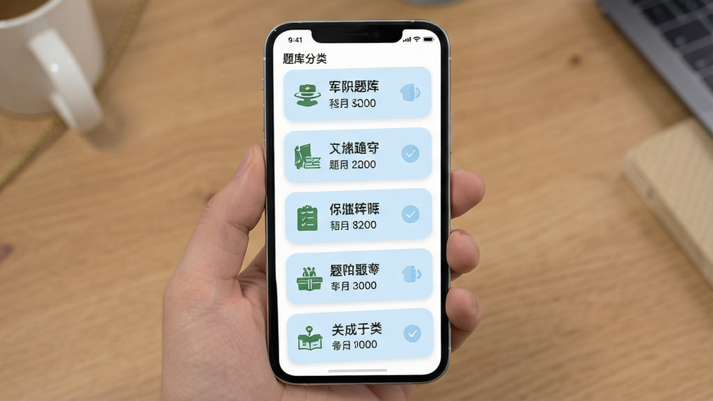 军队文职刷题库题库分类页面展示,主体为手机屏幕中的题库分类列表,布局为纵向排列的科目分类卡片,每个卡片标注科目名称和题目数量,排版清晰有序,风格为清新浅色系UI设计,细节包括卡片圆角、浅蓝底色、图标点缀、字体大小层次分明,画质高清、干净、无多余元素