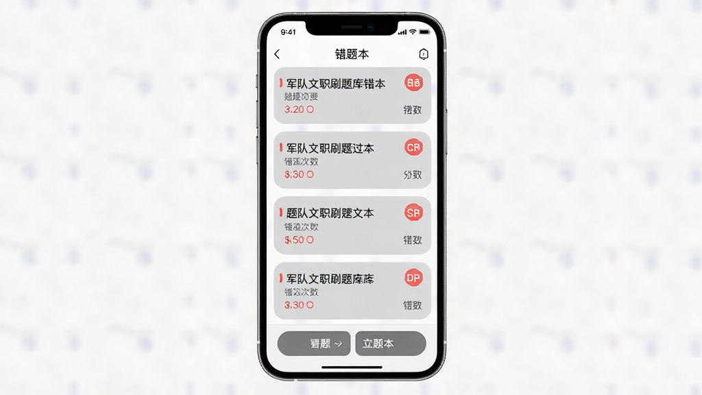军队文职刷题库错题本功能界面展示,主体为手机屏幕中的错题列表页面,布局为纵向排列的错题卡片,每张卡片显示题目摘要和错误次数,排版简洁明了,风格为柔和圆角设计,细节包括红色错误标记、灰色背景卡片、底部操作按钮,画质高清、干净、无多余元素