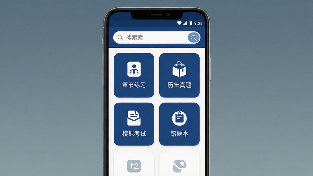 军队文职刷题库软件主界面全貌展示,主体为一部安卓手机屏幕,屏幕上显示题库软件首页,包含顶部搜索栏、中部功能模块入口如章节练习、历年真题、模拟考试、错题本等图标,布局整齐清晰,排版为手机正面竖屏展示,风格为现代简约扁平化设计,细节包括图标圆角处理、配色以深蓝与白色为主、背景干净无杂物,画质高清、干净、无多余元素