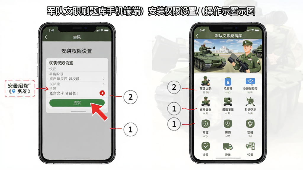 军队文职刷题库手机端安装与权限设置操作示意图,主体为两部手机并排展示,左侧手机显示安装权限设置页面,右侧手机显示软件主界面,布局为左右对比排版,风格为教程图解风格,细节包括红色箭头标注操作步骤、文字说明框、简洁图标,画质高清、干净、无多余元素
