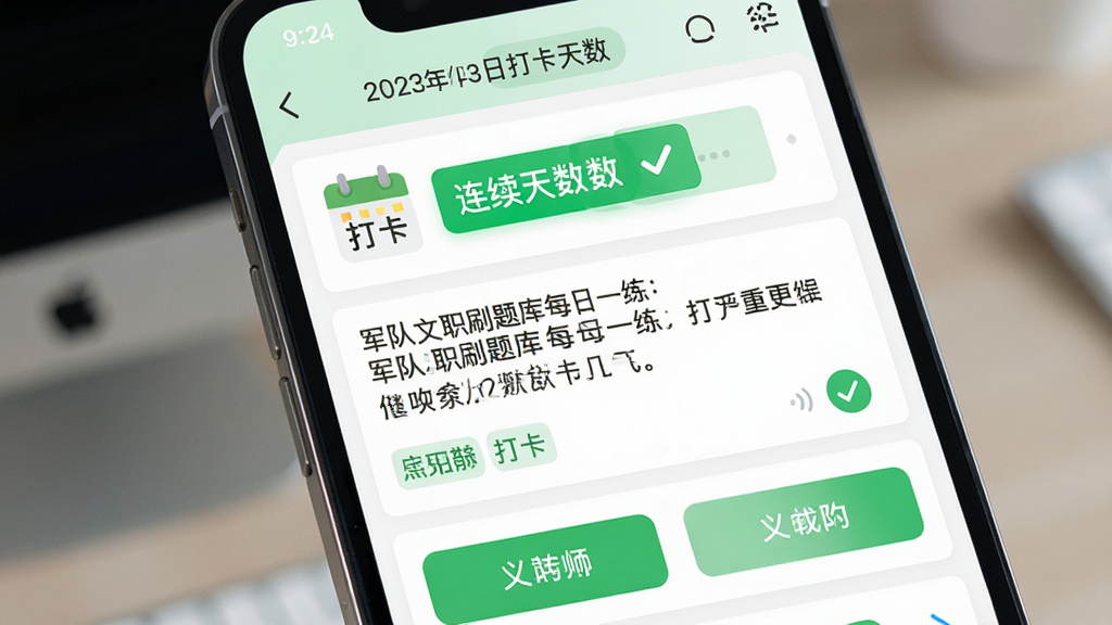 军队文职刷题库每日一练打卡界面展示,主体为手机屏幕中的每日一练页面,布局为顶部日期和打卡天数展示、中部题目内容、底部选项按钮,排版清晰,风格为清新活力风格,细节包括打卡日历图标、连续天数高亮、绿色完成标记,画质高清、干净、无多余元素