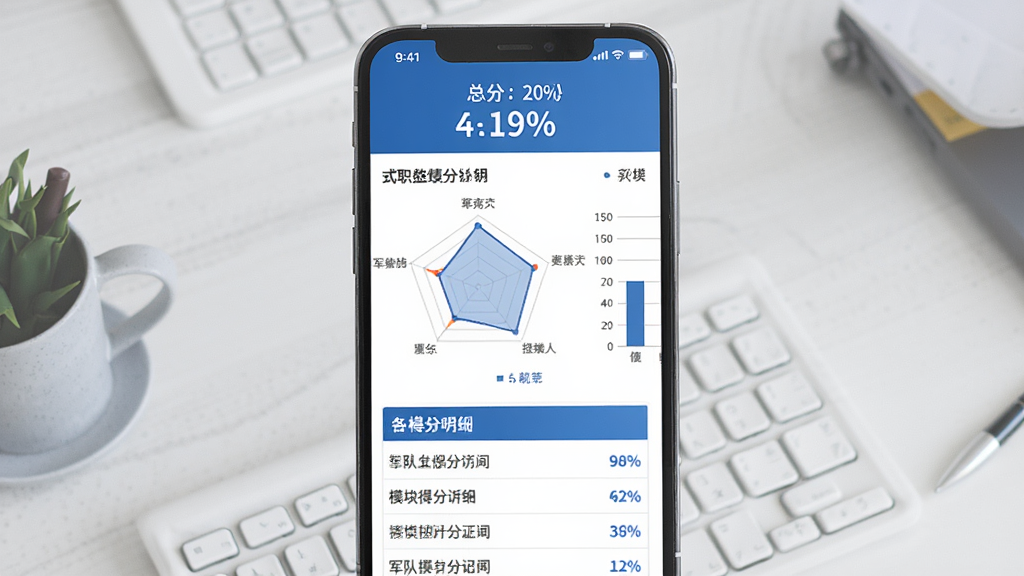 军队文职刷题库模拟考试成绩报告页面展示,主体为手机屏幕中的成绩分析图表,布局为顶部总分展示、中部雷达图或柱状图、底部各模块得分明细列表,排版规整,风格为商务简约风格,细节包括蓝色主色调、数据可视化图表、百分比标注,画质高清、干净、无多余元素