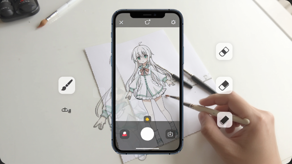 描迹AR绘画软件主界面展示,手机屏幕中显示AR描摹功能,摄像头拍摄到桌面画纸,画纸上叠加半透明的动漫人物线稿,周围有画笔和橡皮擦等工具图标,整体布局简洁,风格清新简约,画质清晰明亮,干净无多余元素