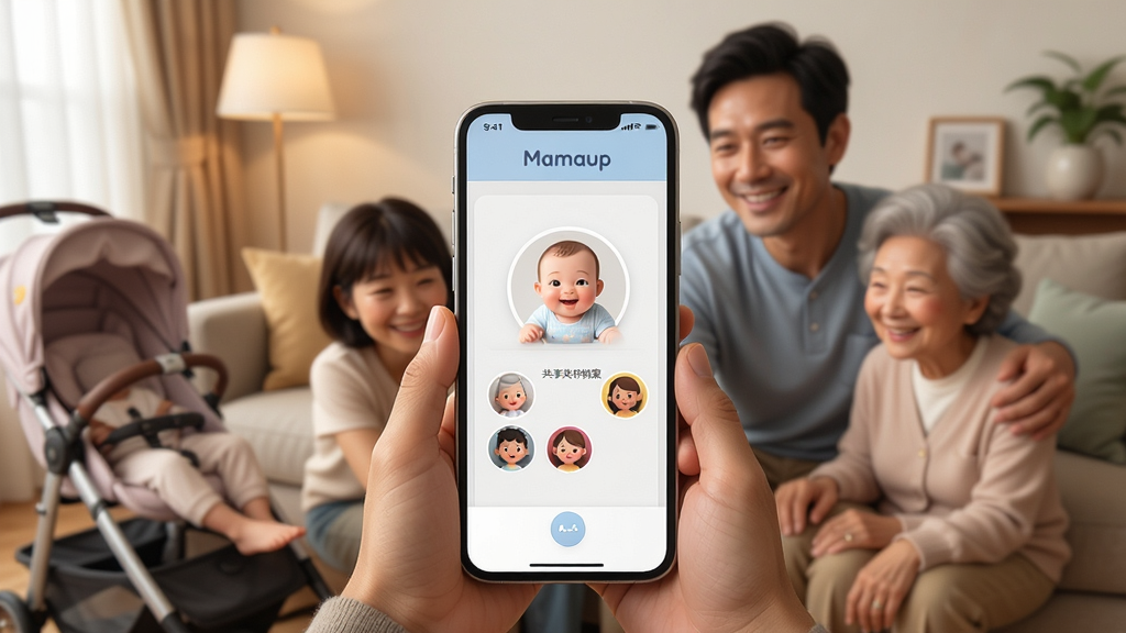 一张表现 Mamaup 家庭共享功能的场景图,画面中多位家庭成员围绕一部手机,手机屏幕显示共享宝宝档案与成员头像,背景为温馨客厅环境,风格写实柔和,细节包括微笑的父母、爷爷奶奶、婴儿车,画质高清,干净,无多余元素,屏幕内文字“Mamaup”