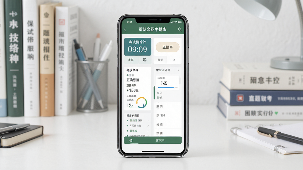 军队文职牛题库软件主界面全貌展示,画面中央放置一部智能手机,手机屏幕上显示题库首页与刷题界面,背景为整洁的书桌与备考书籍,整体布局居中对称,风格写实清新,细节包含考试倒计时、正确率统计等元素,画质清晰干净,无多余元素