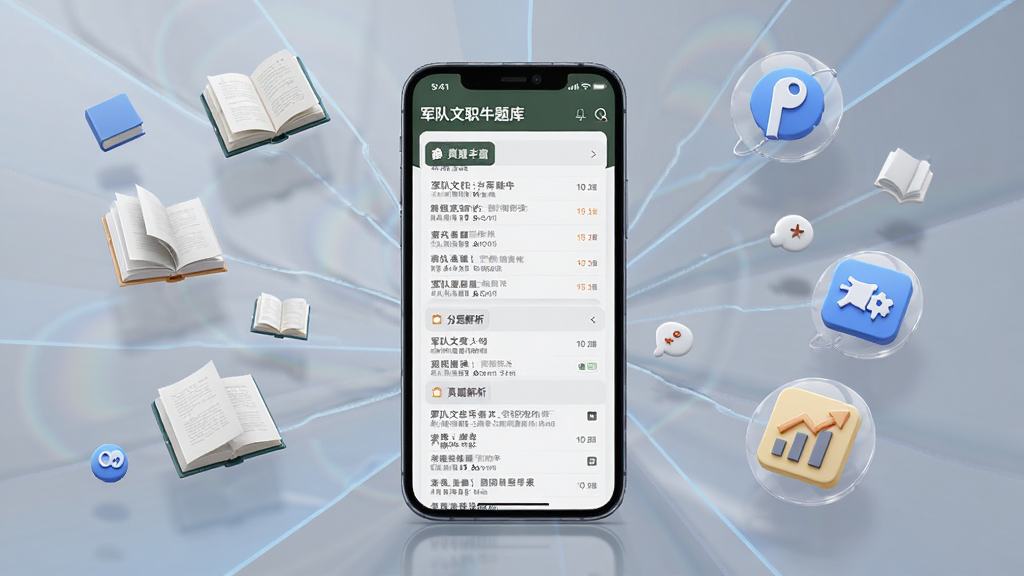 军队文职牛题库海量题库界面展示,画面以手机屏幕为主体,屏幕中呈现分模块的题库列表与真题解析页面,周围环绕漂浮的书籍与知识点图标,布局采用中心辐射式排版,风格现代简约,细节突出题量丰富与分类清晰,画质高清干净,无多余元素