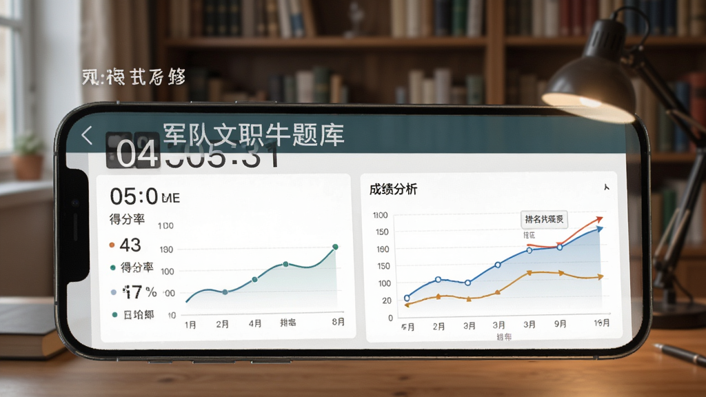 军队文职牛题库模拟考试与成绩报告界面,画面展示手机屏幕上的考试计时界面与成绩分析图表,背景为书房环境,布局采用上下分层结构,风格专业严谨,细节包含倒计时、得分率、排名曲线等元素,画质锐利干净,无多余元素
