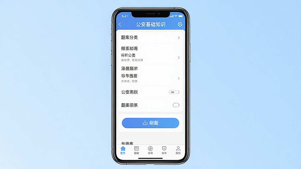 一张手机屏幕展示公安基础知识刷题库APP主界面的图片,画面中央是手机正视图,屏幕显示题库分类列表和刷题按钮,背景为浅蓝色渐变,风格简洁现代,细节包括顶部状态栏和底部导航栏,画质清晰,干净,无多余元素