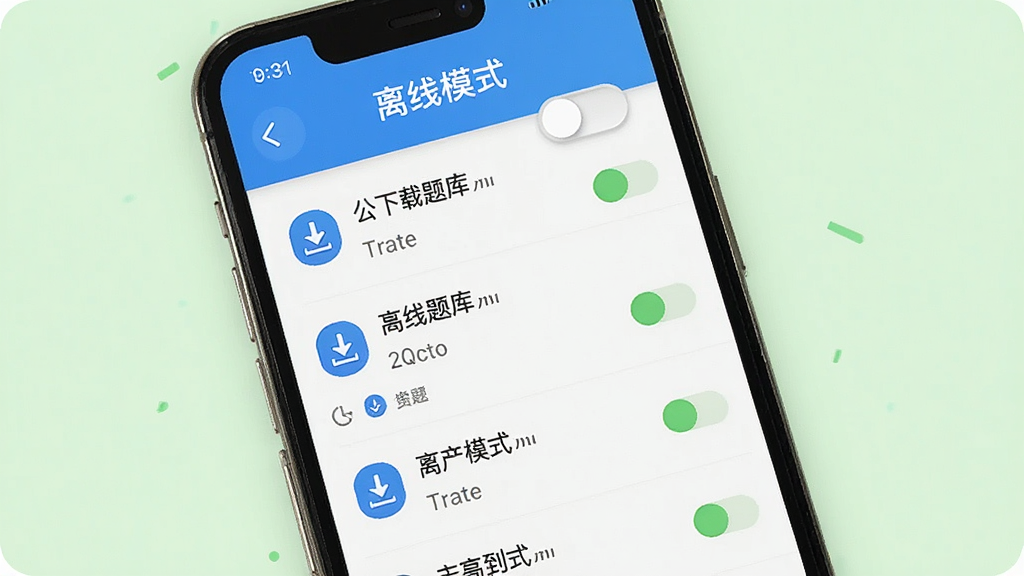 一张展示公安基础知识刷题库APP离线刷题功能的图片,画面为手机屏幕显示已下载题库列表和离线模式开关,背景为浅绿色,风格清爽,细节包括下载图标和状态标识,画质清晰,干净,无多余元素