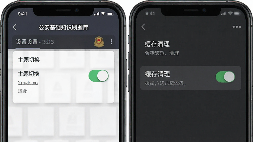 一张展示公安基础知识刷题库APP设置界面的图片,画面为手机屏幕显示主题切换和缓存清理选项,背景为深灰色,风格沉稳,细节包括开关按钮和文字说明,画质清晰,干净,无多余元素