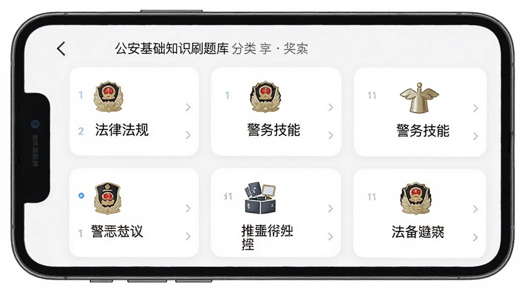 一张展示公安基础知识刷题库APP题库分类页面的图片,画面主体为手机屏幕,屏幕内显示多个题库模块卡片,如法律法规、警务技能等,卡片排列整齐,背景为白色,风格清新,细节包括卡片图标和文字,画质清晰,干净,无多余元素