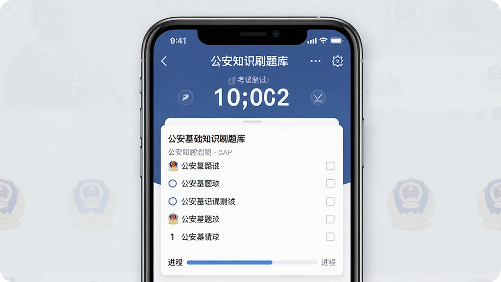一张展示公安基础知识刷题库APP模拟考试界面的图片,画面中央为手机屏幕,屏幕显示考试倒计时和答题卡,背景为淡灰色,风格严肃专业,细节包括题目选项和进度条,画质清晰,干净,无多余元素