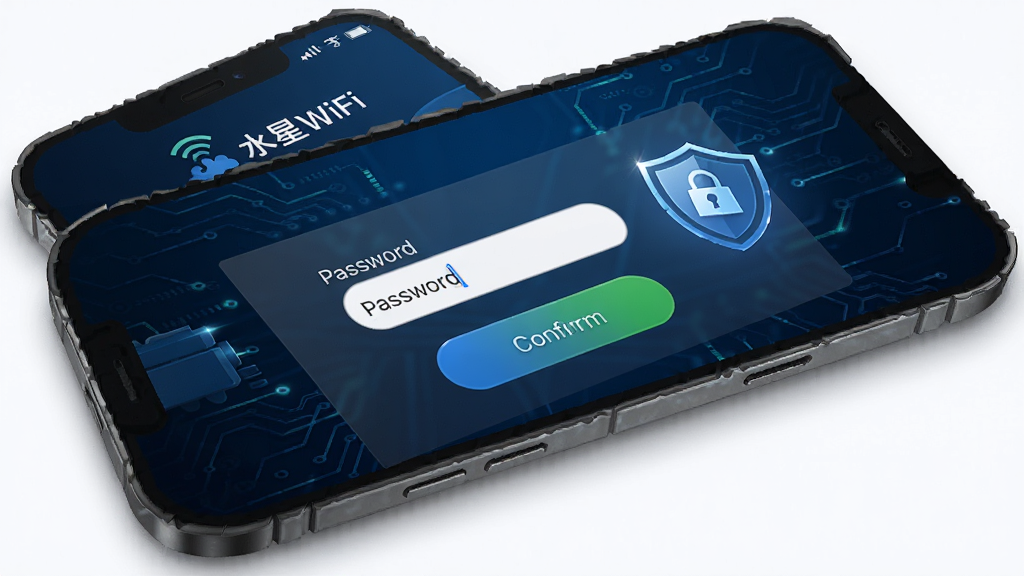 水星WiFi应用界面展示管理员密码设置页面,手机屏幕上有密码输入框和确认按钮,旁边有盾牌图标象征安全,背景为深蓝色科技风格,细节精致,画质高清,干净无多余元素