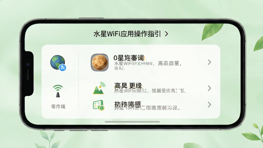 水星WiFi应用操作指引界面,手机屏幕显示分步设置教程,包含图标和文字说明,背景为柔和的浅绿色,风格清新自然,细节清晰,画质高清,干净无多余元素