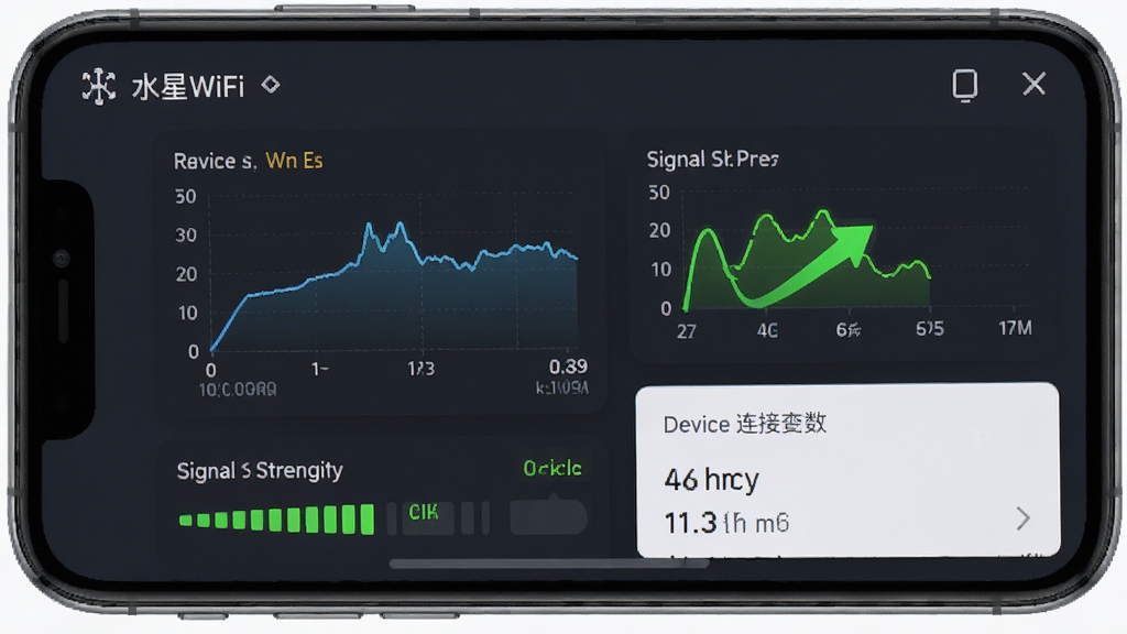 水星WiFi应用网络监控面板截图,手机屏幕上显示实时网速曲线图、信号强度指示条和设备连接数量,界面布局清晰,风格简约商务,细节丰富,画质高清,干净无多余元素