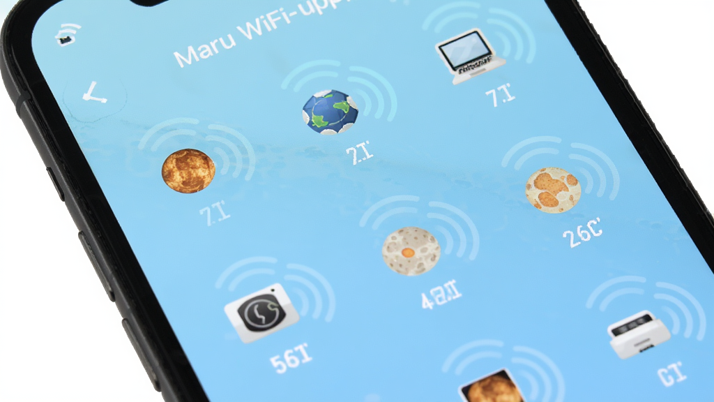手机屏幕显示水星WiFi应用正在扫描附近设备,界面上出现多个设备图标和信号波纹,背景为浅蓝色渐变,风格简洁明快,细节丰富,画质清晰,干净无多余元素