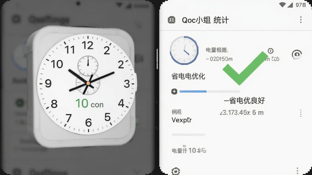 悬浮时钟小组件在手机后台运行时的电量消耗统计截图,显示该软件耗电极低,旁边有绿色对勾标记表示省电优化良好,界面采用安卓系统设置风格,背景为白色,文字清晰,整体简洁干净,画质高清