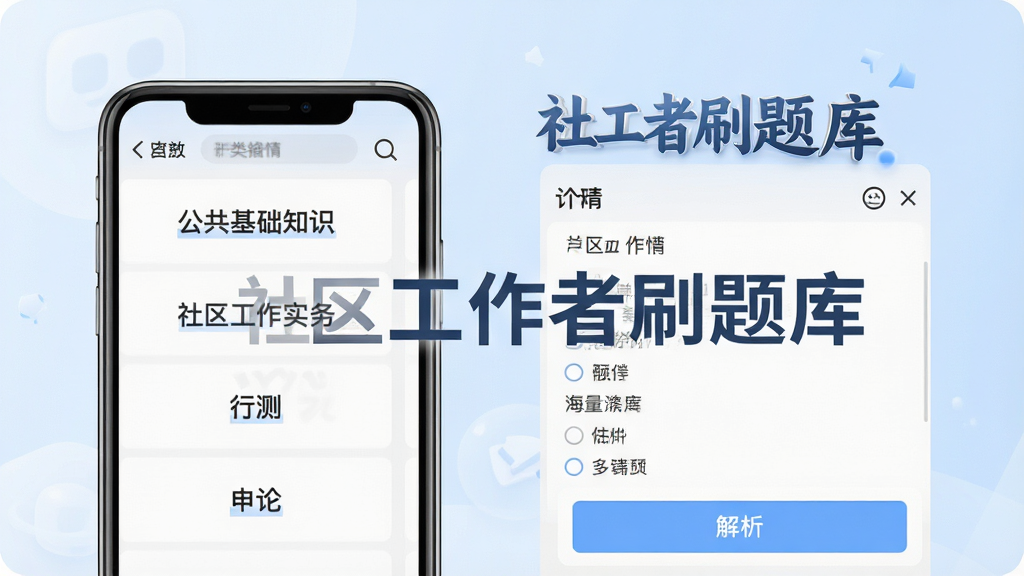 社区工作者刷题库海量题库功能展示图,画面左侧是手机屏幕显示题库分类列表,包含公共基础知识、社区工作实务、行测、申论等科目名称,右侧是展开的题目详情页,有单选题选项和解析按钮,背景是淡蓝色渐变,画面中带有