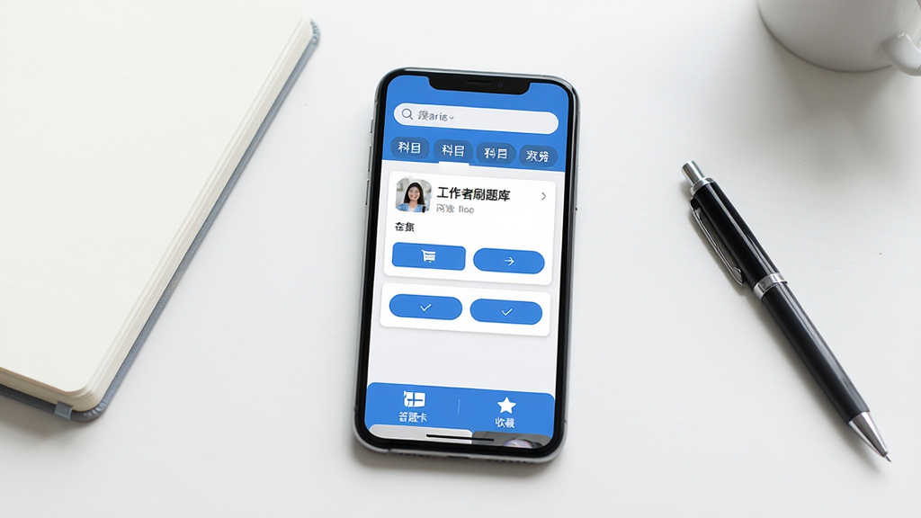 社区工作者刷题库软件主界面全貌展示,画面中央是一部智能手机,屏幕显示蓝色主题的题库练习界面,上方有搜索框和科目分类标签,中间是题目卡片和选项按钮,底部有答题卡和收藏功能图标,背景是干净的书桌桌面,旁边放着笔记本和签字笔,整体风格清新简约,光线柔和明亮,画质清晰细腻,无多余杂物