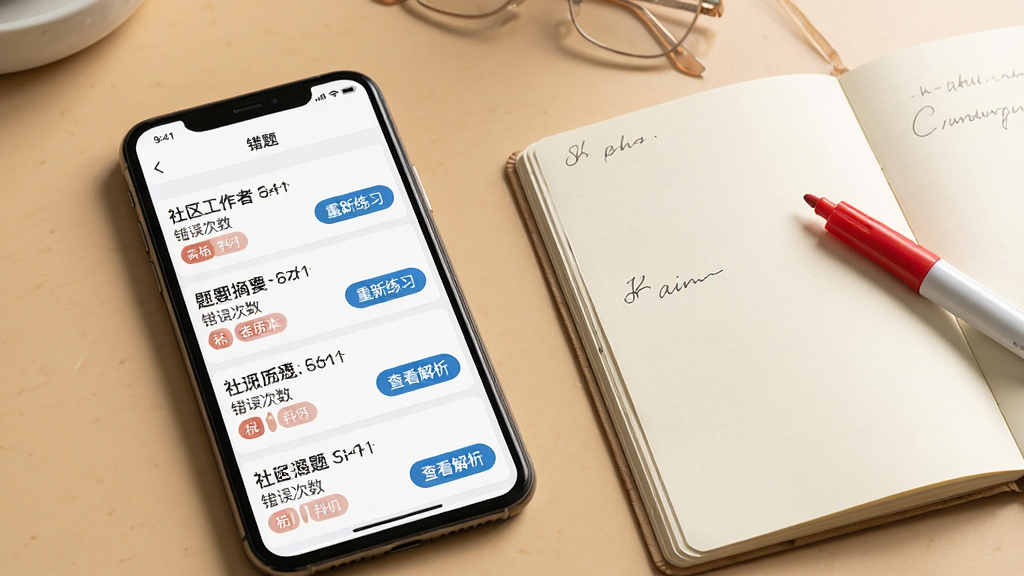 社区工作者刷题库错题本功能示意图,画面展示一部手机屏幕上的错题列表界面,每条错题显示题目摘要、错误次数和科目标签,旁边有