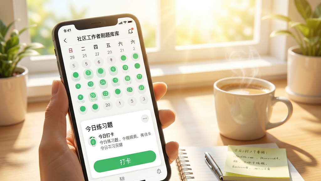 社区工作者刷题库每日一练打卡界面,手机屏幕显示日历打卡记录,已打卡日期用绿色圆点标记,下方有今日练习题卡片和打卡按钮,手机旁有一杯咖啡和便签纸,背景是清晨阳光照进的窗边书桌,风格清新活力,画质明亮,构图舒适,无多余杂物