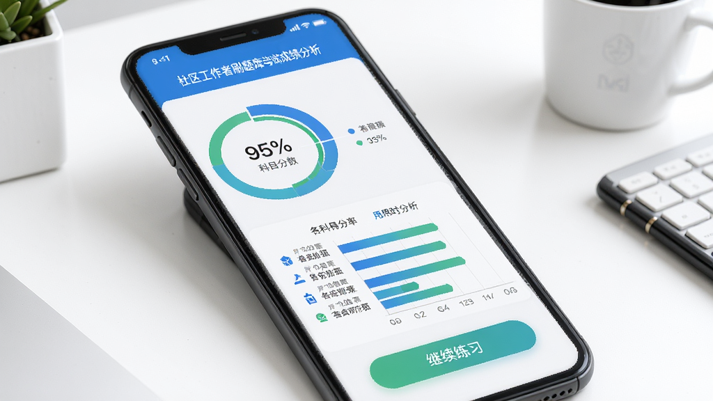 社区工作者刷题库模拟考试成绩分析界面,手机屏幕显示一个圆形分数图表和条形统计图,标注各科目得分率和用时分析,下方有