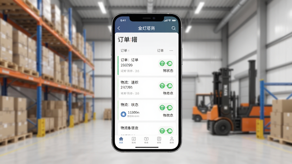 一张展示金灯塔商家端手机应用主界面的图片,画面中央是一部智能手机,屏幕上显示着金灯塔商家端的订单管理页面,包含订单列表和物流状态图标,背景是简洁的物流仓库场景,整体风格现代商务,细节清晰,画质干净高清,无多余元素
