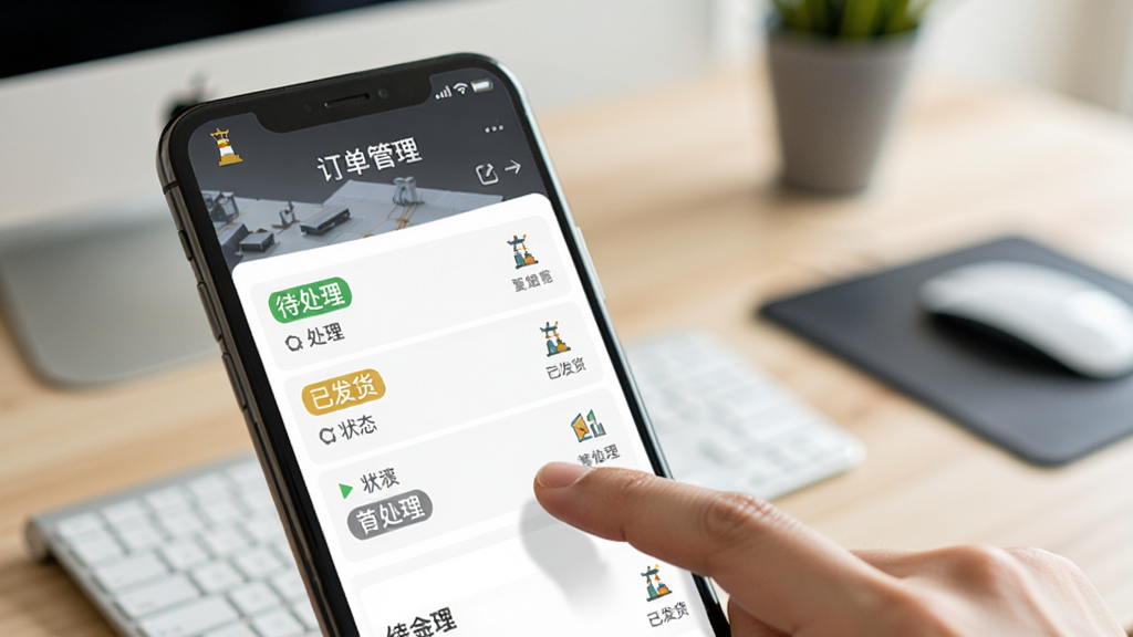 一张金灯塔商家端订单管理功能的界面特写图,画面主体是手机屏幕显示订单列表,包含待处理、已发货等状态标签,旁边有手指点击操作的手势,背景是模糊的办公桌面,风格简洁明快,画质清晰,无多余元素