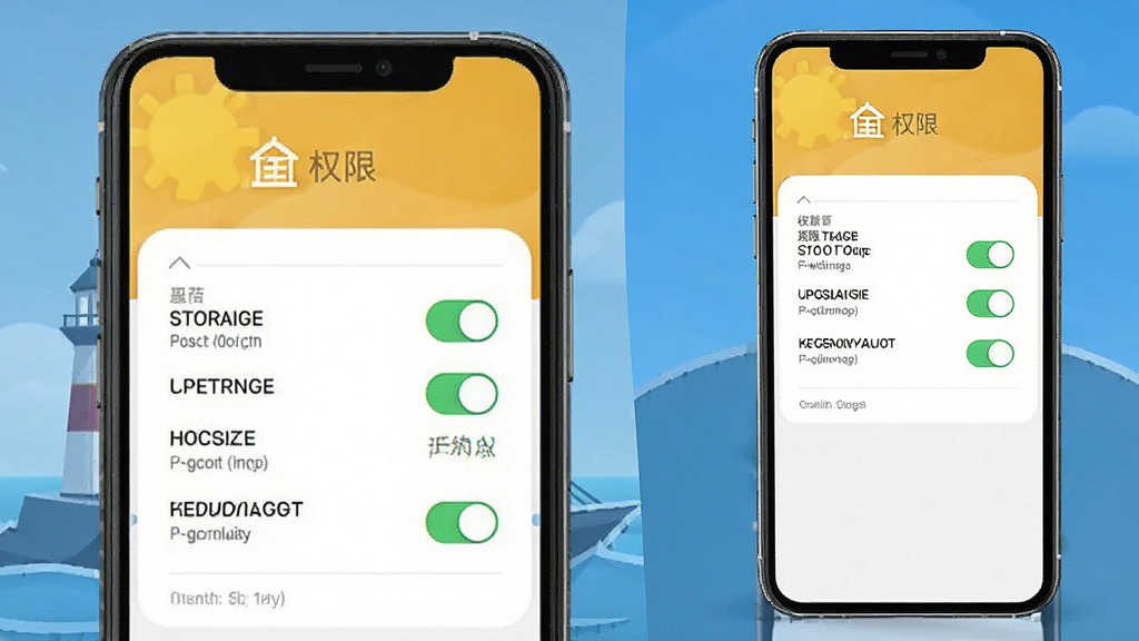 一张金灯塔商家端安装设置引导页面的示意图,画面展示手机屏幕上的权限设置界面,包含存储、网络等权限开关,背景是简洁的手机操作场景,风格清晰直观,画质干净,无多余元素