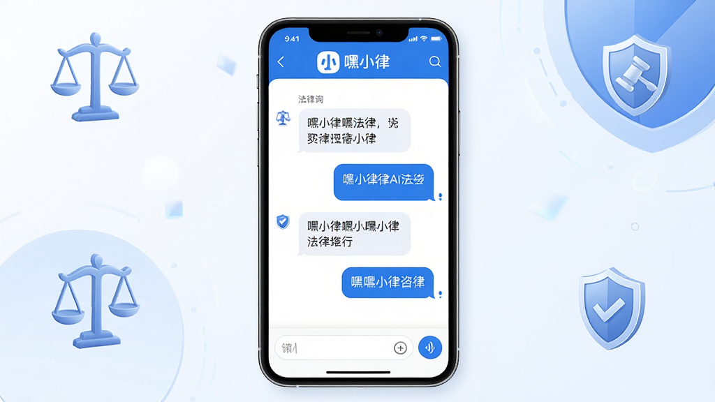 一张展示嘿小律手机应用界面的图片,主体为手机屏幕居中放置,屏幕内显示嘿小律AI法律咨询对话界面,布局简洁清晰,顶部有嘿小律logo和名称,中间为对话气泡展示法律问答内容,底部为输入框和语音按钮,排版为竖版手机海报风格,风格现代科技感、蓝白配色,细节包括法律天平图标、盾牌元素点缀,画质高清,干净,无多余元素