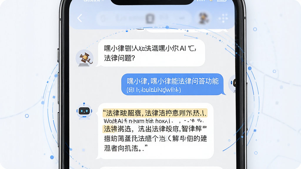 一张展示嘿小律智能法律问答功能的图片,主体为手机屏幕特写,屏幕中显示用户输入法律问题后嘿小律AI给出详细解答的对话场景,布局为居中构图,排版上方为问题下方为答案,风格扁平化科技风,细节包括对话气泡、法律条文引用高亮、AI机器人小图标,画质高清,干净,无多余元素