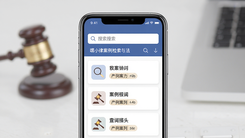 一张展示嘿小律案例检索与法规查询功能的图片,主体为手机屏幕,屏幕中显示搜索框和案例列表,布局为居中构图,排版上方为搜索栏下方为案例卡片列表,风格清新简约,细节包括放大镜图标、法槌图标、案例标签,画质高清,干净,无多余元素