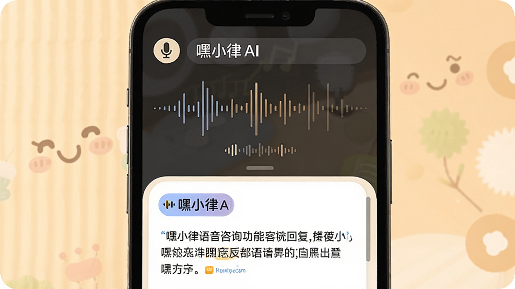 一张展示嘿小律语音咨询功能的图片,主体为手机屏幕,屏幕中显示语音波形动画和嘿小律AI回复内容,布局为上下结构,排版上方为语音输入区域下方为文字回复,风格温暖亲和,细节包括麦克风图标、声波动画、嘿小律品牌标识,画质高清,干净,无多余元素