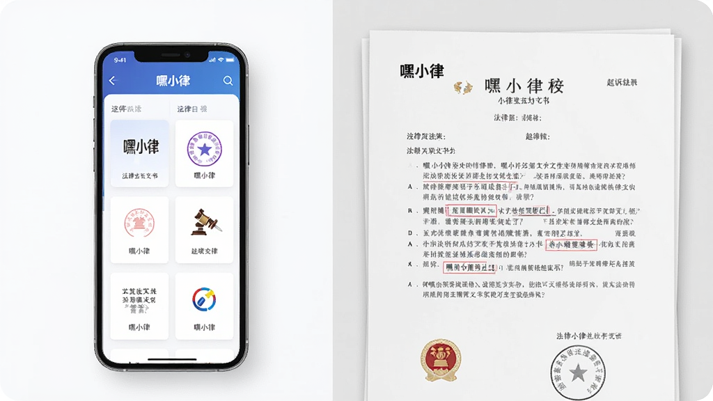 一张展示嘿小律法律文书生成功能的图片,主体为手机屏幕与文档纸张结合,屏幕中显示文书模板选择列表,纸张上显示已生成的起诉状样式,布局为左右分栏,排版左侧手机右侧文档,风格商务简洁,细节包括文书印章、法律条款标注、嘿小律logo,画质高清,干净,无多余元素