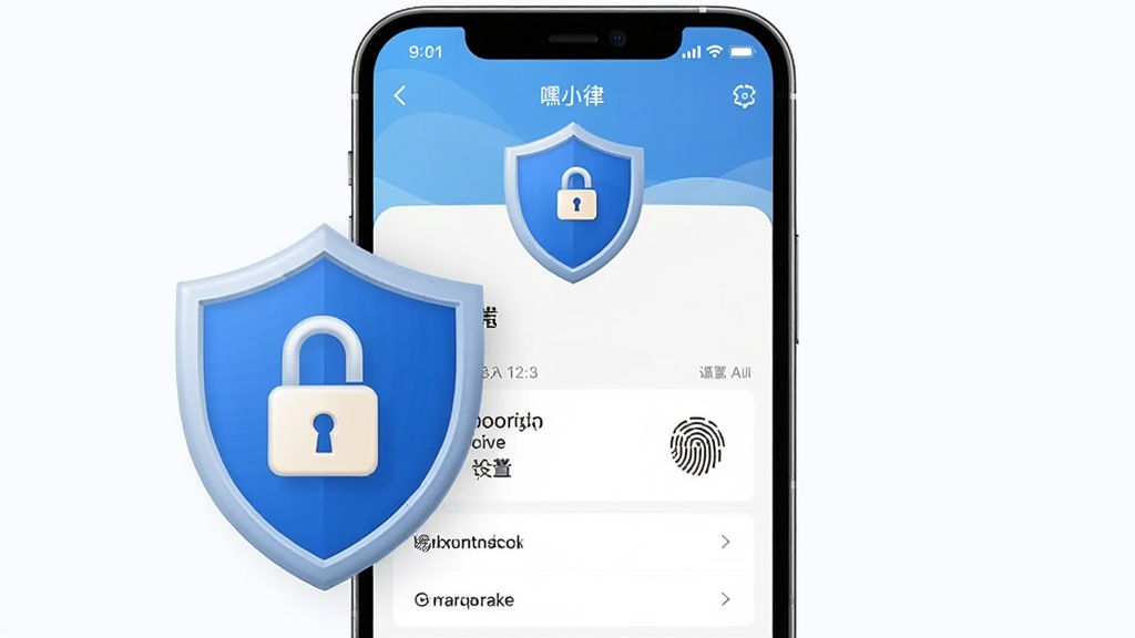 一张展示嘿小律隐私安全保障功能的图片,主体为手机屏幕与盾牌锁图标结合,屏幕中显示隐私设置页面,布局为居中构图,排版上方为盾牌图标下方为设置选项,风格安全稳重,细节包括加密锁、指纹识别、嘿小律品牌色,画质高清,干净,无多余元素