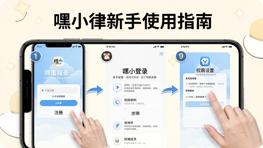 一张展示嘿小律新手使用指南的图片,主体为手机屏幕与操作手势结合,屏幕中显示注册登录和权限设置页面,布局为居中构图,排版上方为标题下方为步骤图示,风格清新明快,细节包括步骤数字、箭头指引、嘿小律logo,画质高清,干净,无多余元素