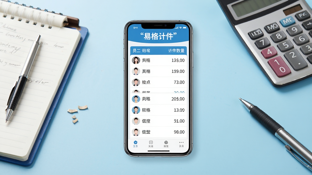 画面中央放置一部智能手机,手机屏幕上展示易格计件的工资统计界面,界面中有员工姓名列表和计件数量数字,手机周围摆放着工厂车间常见的记事本、计算器和笔,背景是简洁的浅蓝色渐变,整体风格清爽商务,细节清晰,画质干净,无多余元素,图片中文字加引号