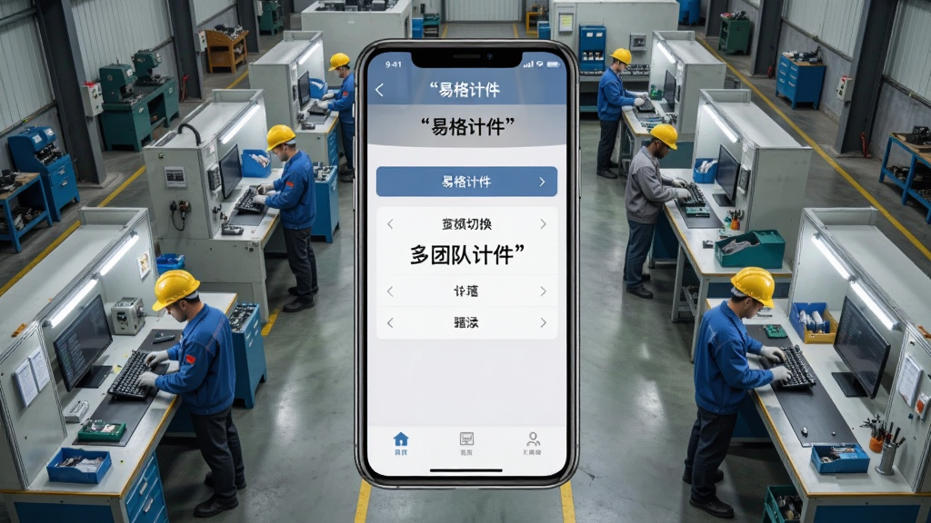 画面展示一个工厂车间的俯视图,几个工人正在不同工位上操作,画面中央叠加一个半透明的手机界面,显示易格计件的多团队切换菜单,整体风格写实工业风,细节清晰,画质干净,无多余元素,图片中文字加引号