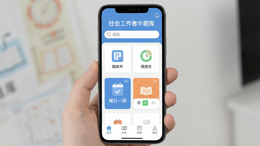 一张手机屏幕展示社会工作者牛题库APP首页界面,主体为手机居中放置,布局上方显示软件名称“社会工作者牛题库”和搜索框,中间为功能模块入口,排版整洁清晰,风格为现代简约扁平化设计,细节包含题库分类图标、每日一练卡片、底部导航栏,画质高清干净无多余元素