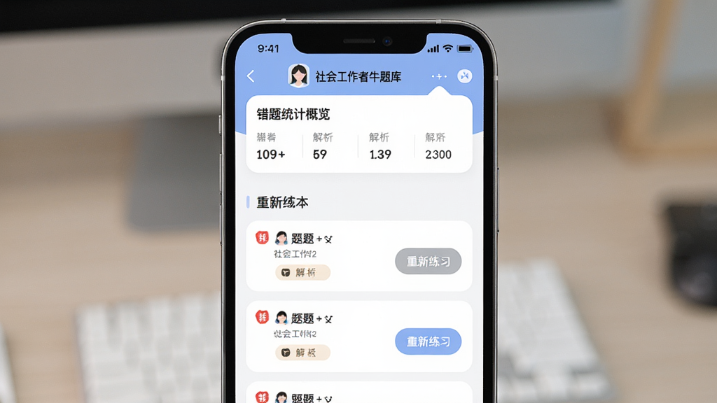 一张手机屏幕展示社会工作者牛题库的错题本界面,主体为手机居中,布局上方为错题统计概览,中间为错题列表,排版清晰,风格为柔和圆角设计,细节包含红色错题标记、解析按钮、重新练习入口,画质高清干净无多余元素
